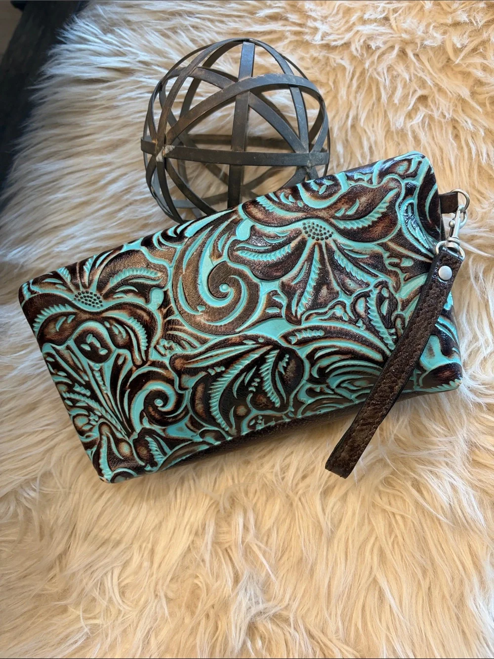 Patricia Nash Turquoise and Brown Tooled Floral Wristlet Clutch